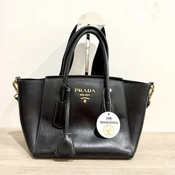 Prada Triangle Leather Medium Tote Shopper Handbag with Shoulder Strap Black - Picture 3 of 16